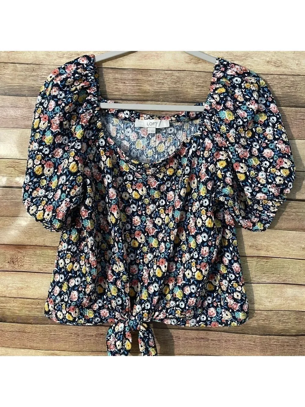 Loft Womens Floral Print Textures Square Neck Puff Sleeve Front Tie Top Size M